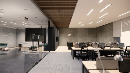 Wall Mural - 3d Rendering Interior Empty Modern Loft Office open space modern office footage.Modern open concept Lobby and reception area meeting room design.