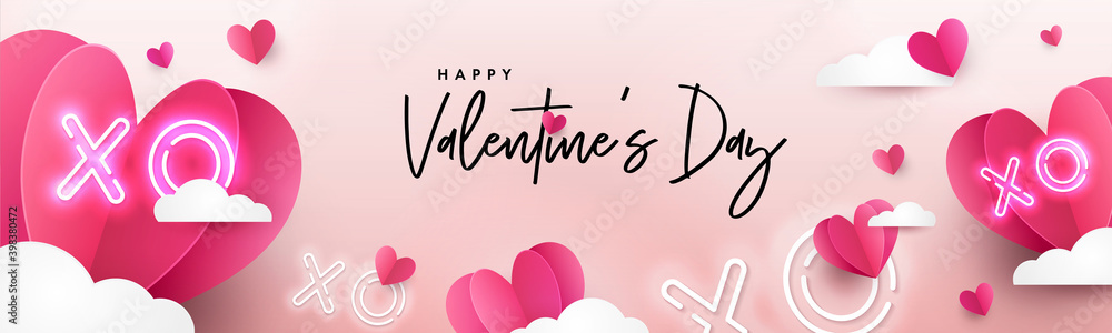 Valentines Day modern background design for Website header, greeting or Sale banner, flyer, poster in paper cut style with frame made of cute flying Origami Hearts over clouds and neon XO text symbol - obrazy, fototapety, plakaty 