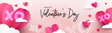 Valentines Day Modern Background Design For Website Header, Greeting Or Sale Banner, Flyer, Poster In Paper Cut Style With Frame Made Of Cute Flying Origami Hearts Over Clouds And Neon XO Text Symbol