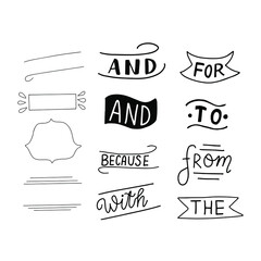 Catch words. Hand drawn doodle ribbons and banner stamps. Hand drawn decor elements set. Lettering decoration. Simple form. Speech Bubble