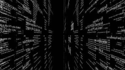 Abstract digital program code in blocks on a black background
