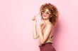 Lady Red trousers dress with sequins hairstyle curly hair isolated background