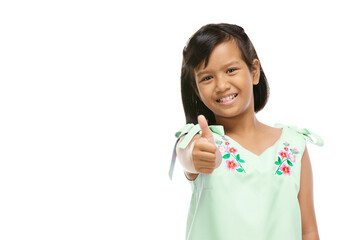 Wall Mural - Asian cute girl presenting something on hand over white background