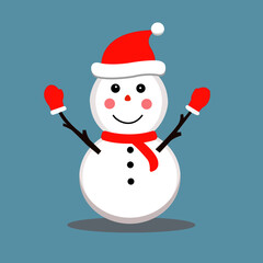 Snowman, pink cheek. Santa claus hat, red scarf and snowflakes. Cute cartoon funny character. 