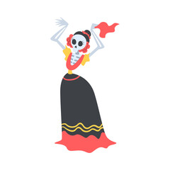 Canvas Print - Woman Skeleton in Mexican Traditional Costume Dancing, Dia de Muertos Cartoon Style Vector Illustration