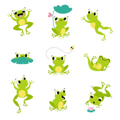 cute green frog smiling, jumping, and croaking vector set