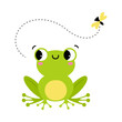 Green Frog with Protruding Eyes Watching Fly Vector Illustration