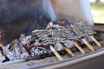 Elaboration of Malaga's espetos al carbón with the beach in the background. Sardines