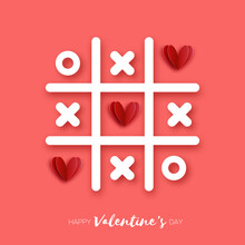 Tic Tac Toe Game With Red Hearts. Love Romantic Holiday. Space For Text. February 14.