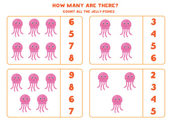 Counting game for kids. Count all cute jelly fishes. Worksheet for children.