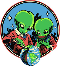 Green Aliens Eating Earth Cake