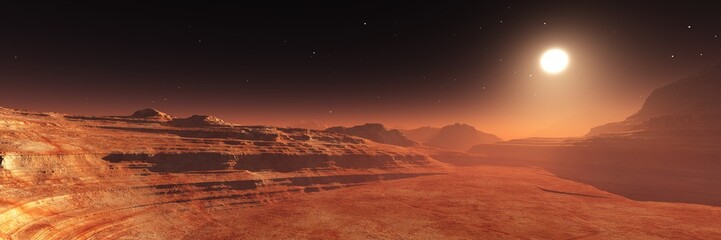 Wall Mural - Alien surface of the planet at sunrise, Martian sunset, Mars at sunset, Sunrise on Mars, 3D rendering