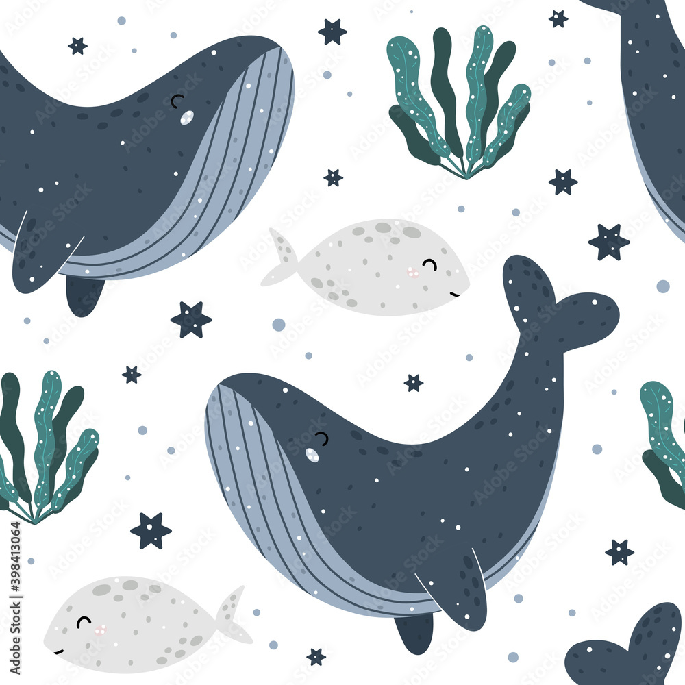 Cute childish seamless pattern with sea creatures: whale, fish and ...