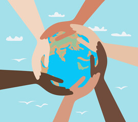 hands of people with different colors of skin, holding the planet earth. concept of protection of pe