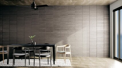 Wall Mural - interior design of a room with brick wall. there's have a table, chairs, ceiling fan and window glass. pan right shot video 4k 3d animation