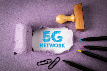 Wall Mural - 5g network concept. stamp and colored pencils on a paper background
