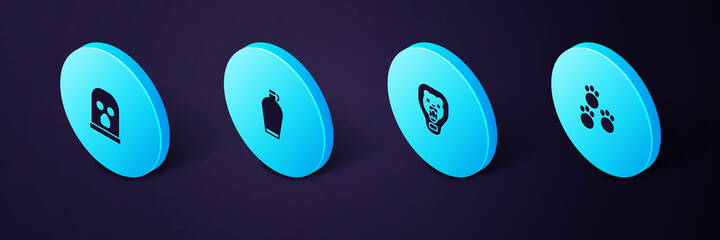 Sticker - Set Isometric Paw print, Bear head on shield, Canteen water bottle and Balaclava icon. Vector.