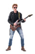 © sharplaninac - Happy confident stylish young rock musician playing electric guitar looking away. Full body length isolated on white background.