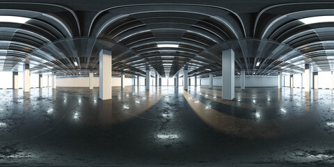 Wall Mural - 360 degree equi rectangular panorama of industry hall big office buildung room 3d render, illustration