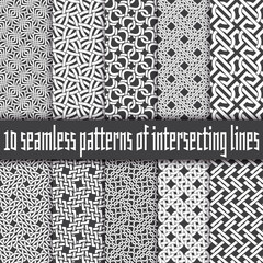 Wall Mural - Vector set of abstract seamless patterns. Ten swatches of white lines on black backgrounds.