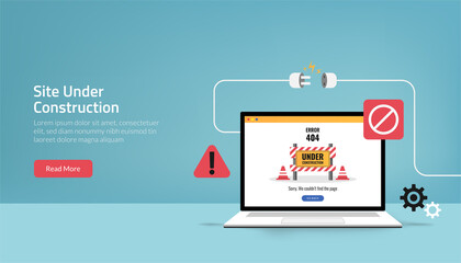 Landing page template of site is under construction concept. Maintenance error symbol vector illustration
