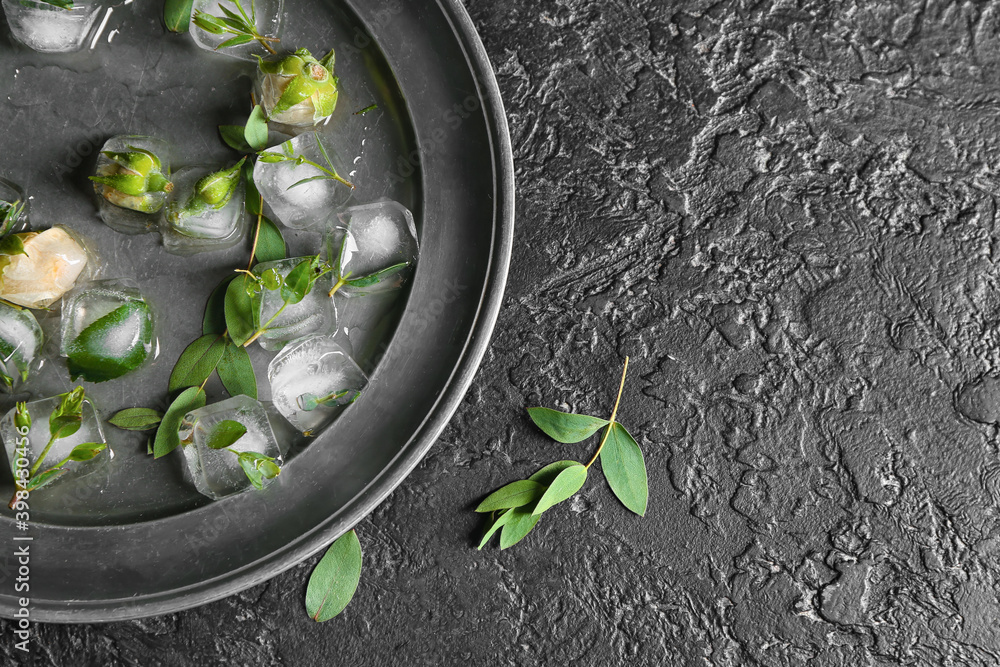 Plate with frozen flowers in ice on dark background