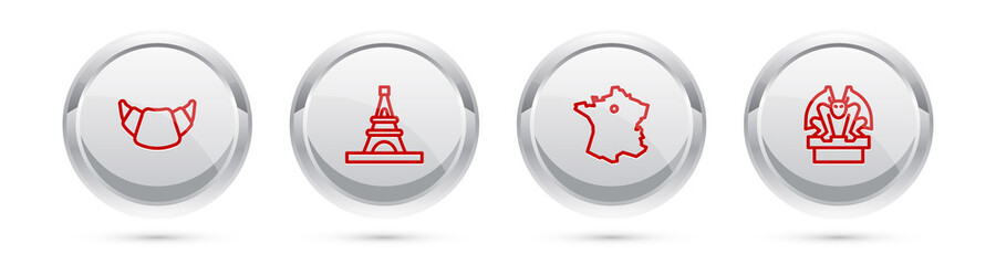 Set line Croissant, Eiffel tower, Map of France and Gargoyle on pedestal. Silver circle button. Vector.