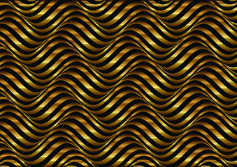 Wall Mural - Shiny metallic 3D Gold wavy line. Abstract optical illusion background with gold striped design. Abstract background with metal waves. Gold stripy metallic backdrop. Luxury concept. Vector illustratio