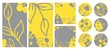 © MaxNadya - Floral simple gentle calm hand-drawn vector template set for post, story in trending colors of 2021. Yellow-gray tones, circles, square, doodle flowers. Social media cover design, print, card.