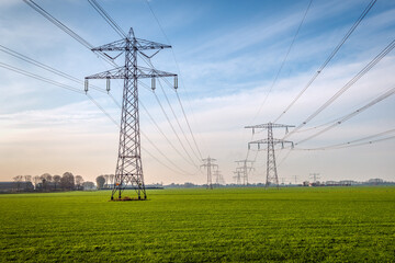 Wall Mural - Two seemingly endless long rows of electricity pylons in a Dutch polder meadow with fresh green grass. The photo was taken in the province of Noord-Brabant at the beginning of the winter season.