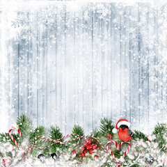 Wall Mural - Christmas background with bullfinch, candy cane, holly, snowflakes. Christmas holiday card. copy-space