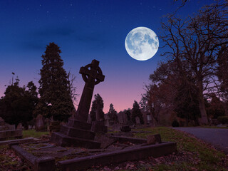 Full Moon Cemetery Graveyard Horror at Night Cross Tombstone