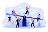 Fototapeta  - Business team competition. Groups of people balancing on seesaw, weighing down scale. Vector illustration for comparison, advantage, equilibrium, teamwork concept