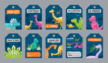Special Tag Designs With Dino Characters. Funny Different Dinosaurs On Blue Background. Creatures And Fossil Reptiles Concept. Template For Greeting Labels Or Invitation Card