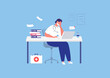 © yabluko_draws - Stressed doctor sitting with laptop in office. Overworked doctor. Burnout. Vector