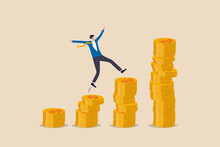 Compound Interest, Money Growth Investment, Prosperity Or Earning And Profitability Stock Concept, Happy Businessman Investor Jumping On Stack Of Growth Compound Money Coins.