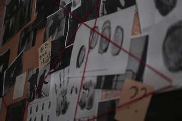 Wall Mural - Detective board with crime scene photos, stickers, clues and red thread, closeup