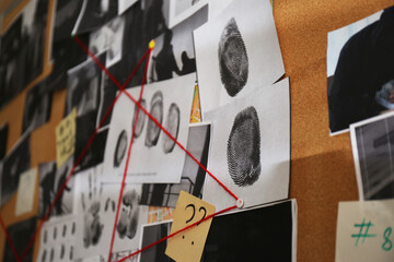 Wall Mural - Detective board with crime scene photos, stickers, clues and red thread, closeup