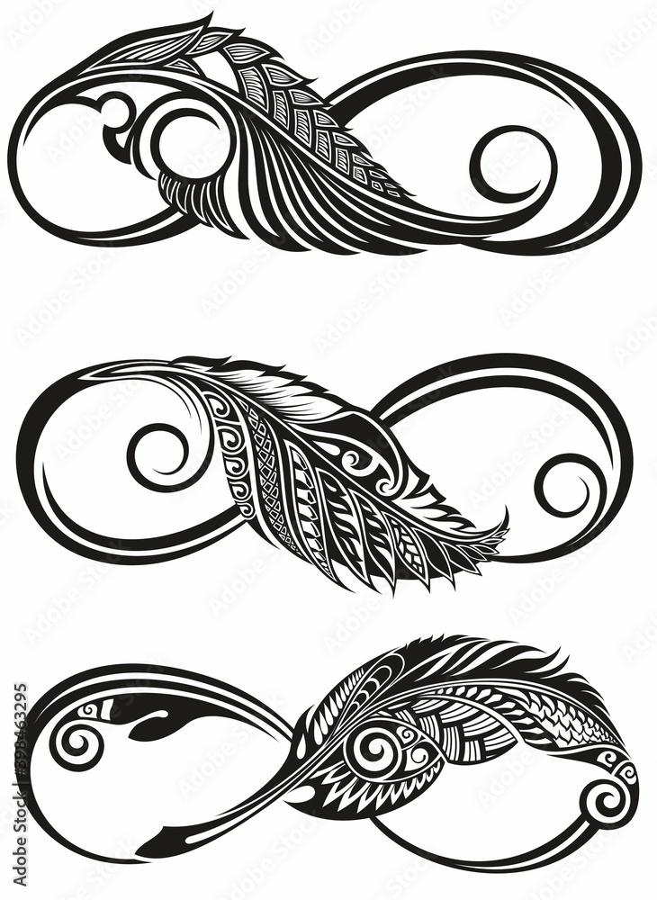 Contour, artistically drawn infinity symbol with feather .Tattoo infinity symbols