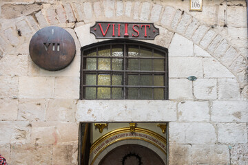 Sign of station 7 of Via Dolorosa in old city of Jerusalem, Jesus falls here for the second time under the weight of the cross, Jerusalem, Israel