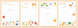 Recipe cards. Pages for culinary book decorated with ingredients and kitchen utensils. Food preparation icons. Cook card template vector set