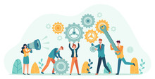 Business People With Gears. Employee Team Create Mechanism With Cogs, Manager With Megaphone. Tiny Person Teamwork Motivation Vector Concept
