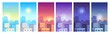 City landscape. Daytime cityscape sunrise, day, sunset and night city skyline, buildings in different time