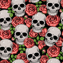 Skull And Roses Seamless Pattern. Hand Drawn Vector Illustration. Fabric Design Template. Skull Background.