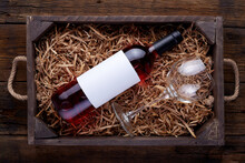 Rose Wine Bottles Packed In Open Wooden Box