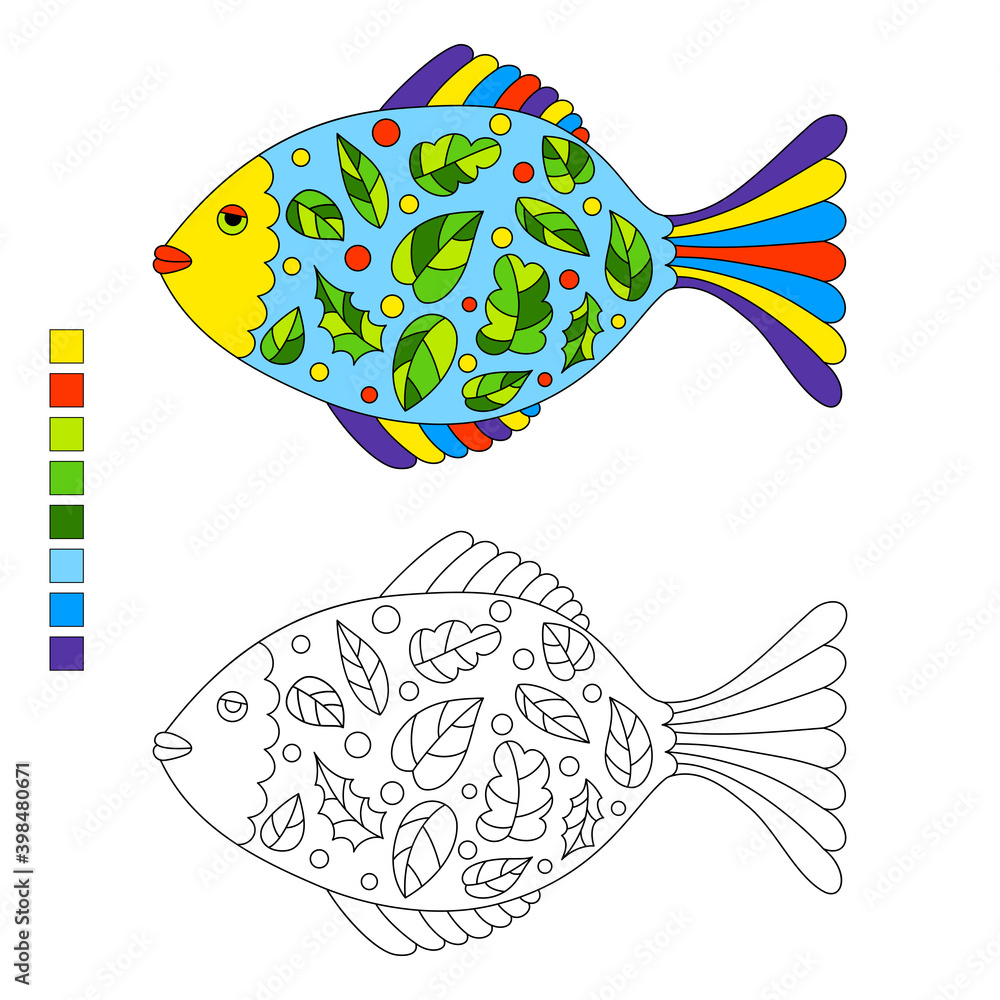 Ornate stylized fish for children coloring book. Cartoon fish with ...