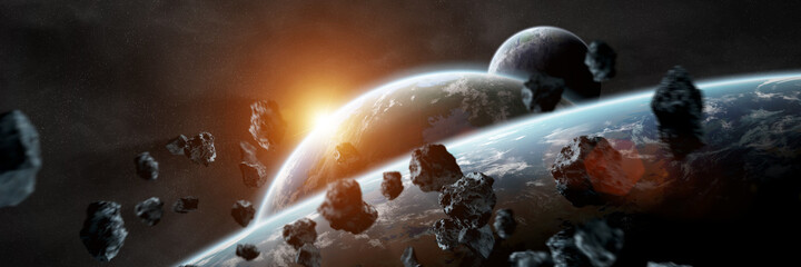 Leinwandbilder - Panoramic space planets background. Panorama of distant solar system with exoplanets 3D rendering elements of this image furnished by NASA