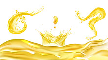 Oil Splash Set. Yellow River Flow. Fuel Drops. Gold Liquid Crown. Macro Drip Cream. Realistic Splashes. Omega 3 6 9 Vitamin. Vector Illustration.