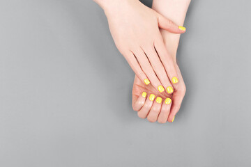 Wall Mural - Woman hands with yellow manicure on the gray background.