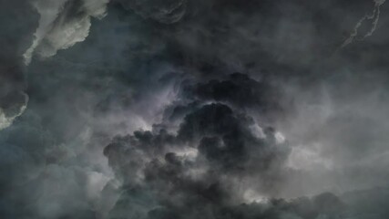 Wall Mural - zoom in thunderstorm with lightning strikes on moving dark clouds.